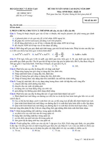 Đề thi tuyển sinh Đại học, Cao đẳng môn Sinh học - Khối B - Mã đề: 493 - Năm học 2009 (Có đáp án)