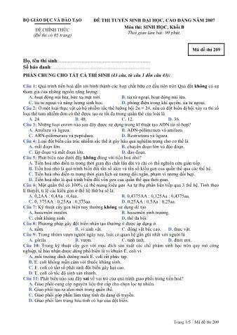 Đề thi tuyển sinh Đại học, Cao đẳng môn Sinh học - Khối B - Mã đề: 209 - Năm học 2007 (Có đáp án)