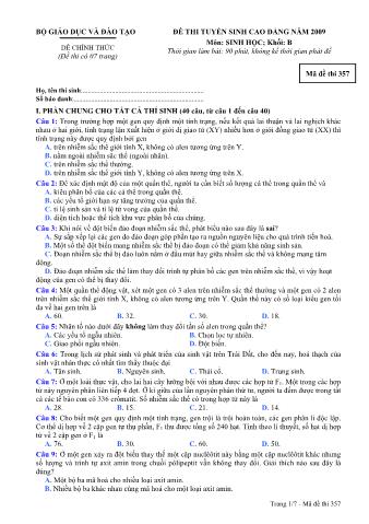 Đề thi tuyển sinh Đại học, Cao đẳng môn Sinh học - Khối B - Mã đề: 357 - Năm học 2009 (Có đáp án)