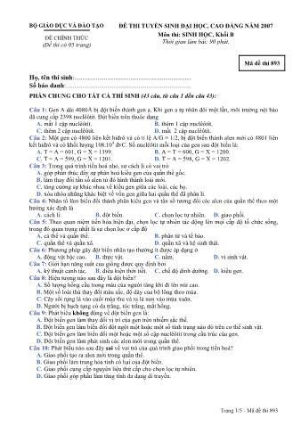 Đề thi tuyển sinh Đại học, Cao đẳng môn Sinh học - Khối B - Mã đề: 893 - Năm học 2007 (Có đáp án)
