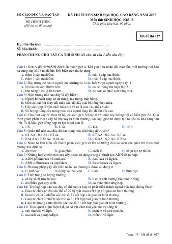 Đề thi tuyển sinh Đại học, Cao đẳng môn Sinh học - Khối B - Mã đề: 927 - Năm học 2007 (Có đáp án)