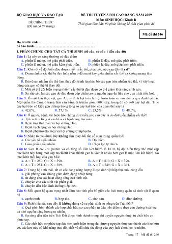 Đề thi tuyển sinh Đại học, Cao đẳng môn Sinh học - Khối B - Mã đề: 246 - Năm học 2009 (Có đáp án)