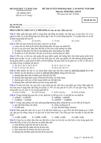 Đề thi tuyển sinh Đại học, Cao đẳng môn Sinh học - Khối B - Mã đề: 742 - Năm học 2008 (Có đáp án)