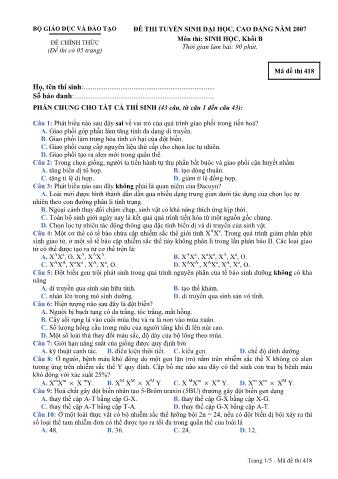 Đề thi tuyển sinh Đại học, Cao đẳng môn Sinh học - Khối B - Mã đề: 418 - Năm học 2007 (Có đáp án)