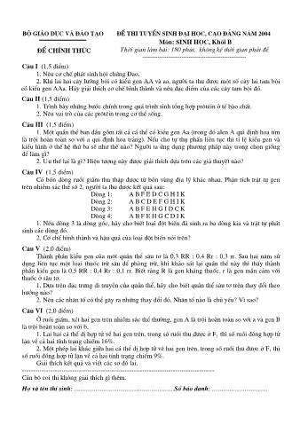 Đề thi tuyển sinh Đại học, Cao đẳng môn Sinh học - Khối B - Năm học 2004 (Có đáp án)