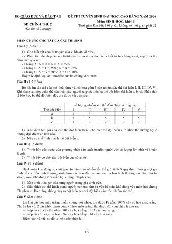 Đề thi tuyển sinh Đại học, Cao đẳng môn Sinh học - Khối B - Năm học 2006 (Có đáp án)