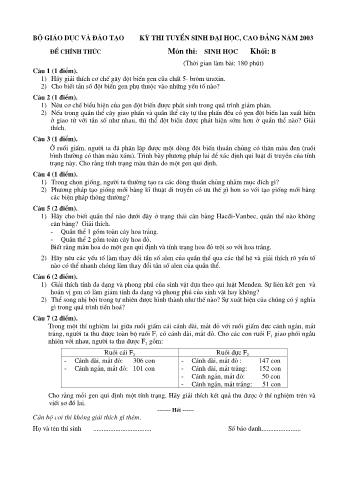 Đề thi tuyển sinh Đại học, Cao đẳng môn Sinh học - Khối B - Năm học 2003 (Có đáp án)