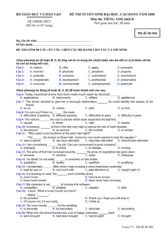 Đề thi tuyển sinh Đại học, Cao đẳng môn Tiếng Anh - Khối D - Mã đề: 846 - Năm học 2008 (Có đáp án)