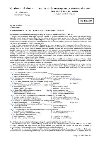 Đề thi tuyển sinh Đại học, Cao đẳng môn Tiếng Anh - Khối D - Mã đề: 985 - Năm học 2007 (Có đáp án)