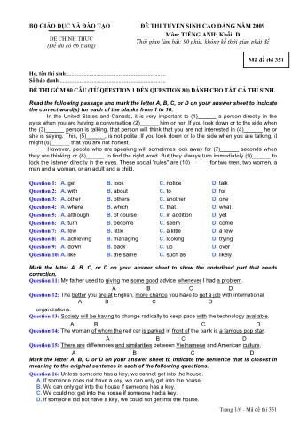 Đề thi tuyển sinh Đại học, Cao đẳng môn Tiếng Anh - Khối D - Mã đề: 351 - Năm học 2009 (Có đáp án)