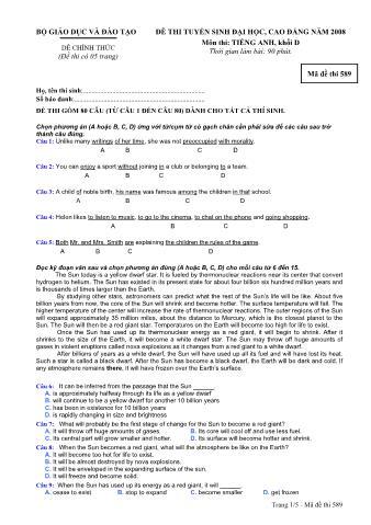 Đề thi tuyển sinh Đại học, Cao đẳng môn Tiếng Anh - Khối D - Mã đề: 589 - Năm học 2008 (Có đáp án)