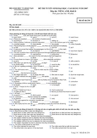 Đề thi tuyển sinh Đại học, Cao đẳng môn Tiếng Anh - Khối D - Mã đề: 254 - Năm học 2007 (Có đáp án)