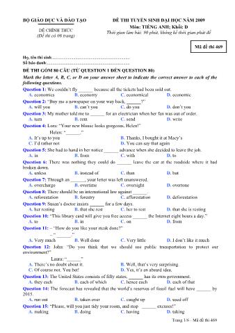 Đề thi tuyển sinh Đại học, Cao đẳng môn Tiếng Anh - Khối D - Mã đề: 469 - Năm học 2009 (Có đáp án)