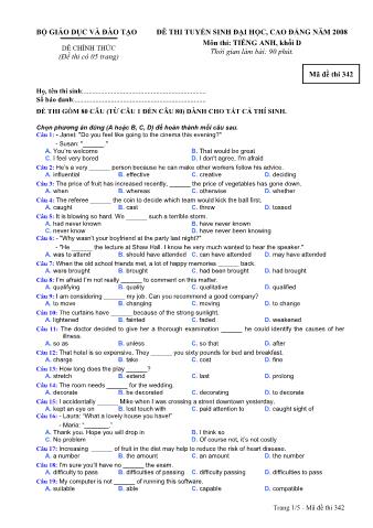 Đề thi tuyển sinh Đại học, Cao đẳng môn Tiếng Anh - Khối D - Mã đề: 342 - Năm học 2008 (Có đáp án)