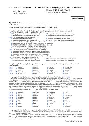 Đề thi tuyển sinh Đại học, Cao đẳng môn Tiếng Anh - Khối D - Mã đề: 840 - Năm học 2007 (Có đáp án)