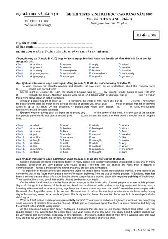 Đề thi tuyển sinh Đại học, Cao đẳng môn Tiếng Anh - Khối D - Mã đề: 598 - Năm học 2007 (Có đáp án)