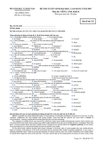 Đề thi tuyển sinh Đại học, Cao đẳng môn Tiếng Anh - Khối D - Mã đề: 732 - Năm học 2007 (Có đáp án)