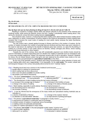 Đề thi tuyển sinh Đại học, Cao đẳng môn Tiếng Anh - Khối D - Mã đề: 105 - Năm học 2008 (Có đáp án)