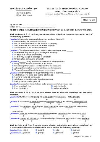 Đề thi tuyển sinh Đại học, Cao đẳng môn Tiếng Anh - Khối D - Mã đề: 613 - Năm học 2009 (Có đáp án)