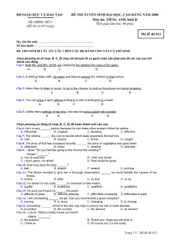 Đề thi tuyển sinh Đại học, Cao đẳng môn Tiếng Anh - Khối D - Mã đề: 613 - Năm học 2008 (Có đáp án)