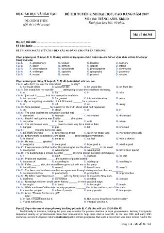 Đề thi tuyển sinh Đại học, Cao đẳng môn Tiếng Anh - Khối D - Mã đề: 361 - Năm học 2007 (Có đáp án)