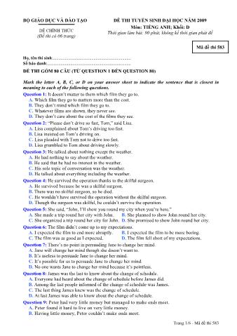 Đề thi tuyển sinh Đại học, Cao đẳng môn Tiếng Anh - Khối D - Mã đề: 583 - Năm học 2009 (Có đáp án)