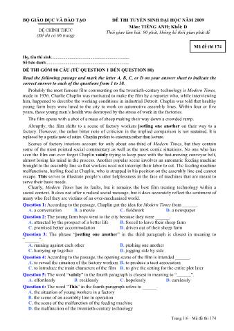 Đề thi tuyển sinh Đại học, Cao đẳng môn Tiếng Anh - Khối D - Mã đề: 174 - Năm học 2009 (Có đáp án)