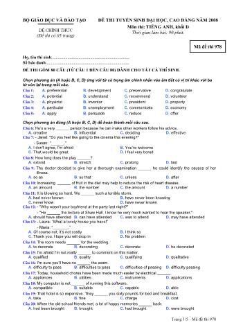 Đề thi tuyển sinh Đại học, Cao đẳng môn Tiếng Anh - Khối D - Mã đề: 978 - Năm học 2008 (Có đáp án)