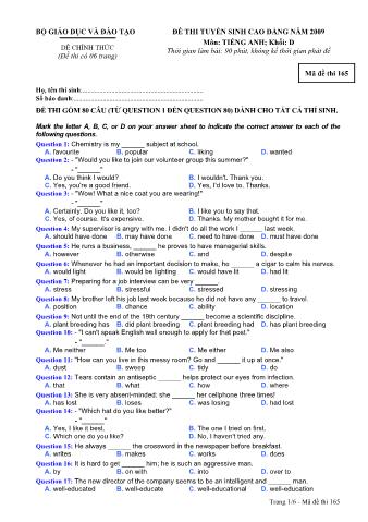 Đề thi tuyển sinh Đại học, Cao đẳng môn Tiếng Anh - Khối D - Mã đề: 165 - Năm học 2009 (Có đáp án)