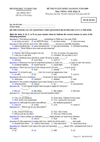 Đề thi tuyển sinh Đại học, Cao đẳng môn Tiếng Anh - Khối D - Mã đề: 862 - Năm học 2009 (Có đáp án)