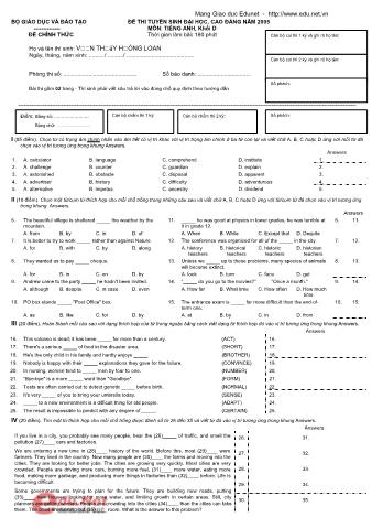 Đề thi tuyển sinh Đại học, Cao đẳng môn Tiếng Anh - Khối D - Năm học 2005 (Có đáp án)