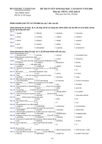 Đề thi tuyển sinh Đại học, Cao đẳng môn Tiếng Anh - Khối D - Năm học 2006 (Có đáp án)