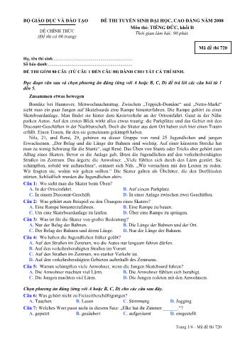 Đề thi tuyển sinh Đại học, Cao đẳng môn Tiếng Đức - Khối D - Mã đề: 720 - Năm học 2008 (Có đáp án)