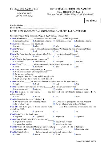 Đề thi tuyển sinh Đại học, Cao đẳng môn Tiếng Đức - Khối D - Mã đề: 351 - Năm học 2009 (Có đáp án)
