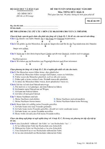 Đề thi tuyển sinh Đại học, Cao đẳng môn Tiếng Đức - Khối D - Mã đề: 195 - Năm học 2009 (Có đáp án)