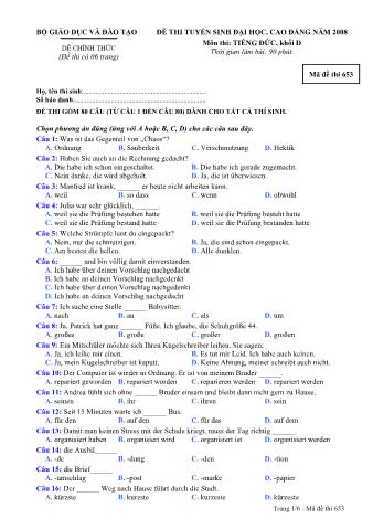 Đề thi tuyển sinh Đại học, Cao đẳng môn Tiếng Đức - Khối D - Mã đề: 653 - Năm học 2008 (Có đáp án)