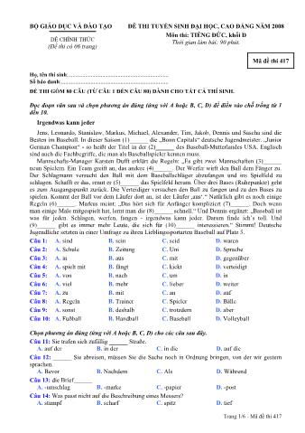 Đề thi tuyển sinh Đại học, Cao đẳng môn Tiếng Đức - Khối D - Mã đề: 417 - Năm học 2008 (Có đáp án)