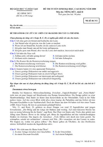 Đề thi tuyển sinh Đại học, Cao đẳng môn Tiếng Đức - Khối D - Mã đề: 312 - Năm học 2008 (Có đáp án)