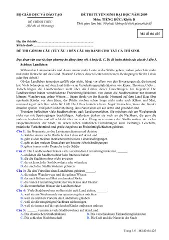 Đề thi tuyển sinh Đại học, Cao đẳng môn Tiếng Đức - Khối D - Mã đề: 425 - Năm học 2009 (Có đáp án)