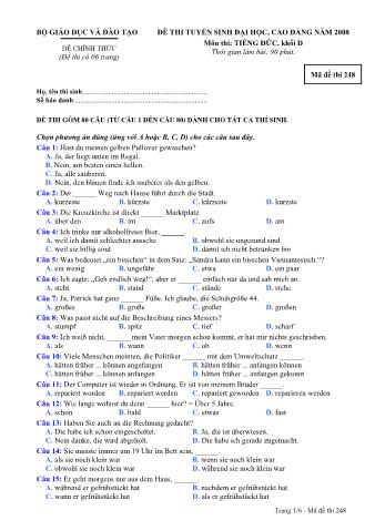 Đề thi tuyển sinh Đại học, Cao đẳng môn Tiếng Đức - Khối D - Mã đề: 248 - Năm học 2008 (Có đáp án)