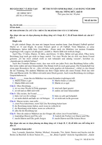 Đề thi tuyển sinh Đại học, Cao đẳng môn Tiếng Đức - Khối D - Mã đề: 936 - Năm học 2008 (Có đáp án)