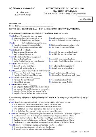 Đề thi tuyển sinh Đại học, Cao đẳng môn Tiếng Đức - Khối D - Mã đề: 738 - Năm học 2009 (Có đáp án)