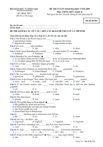 Đề thi tuyển sinh Đại học, Cao đẳng môn Tiếng Đức - Khối D - Mã đề: 862 - Năm học 2009 (Có đáp án)