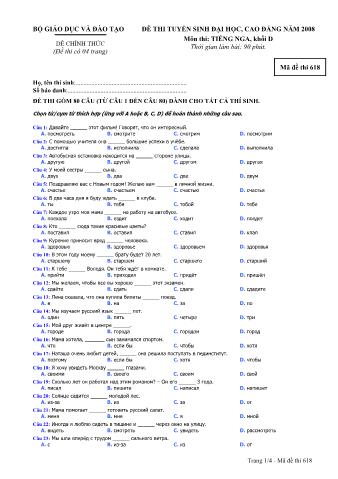 Đề thi tuyển sinh Đại học, Cao đẳng môn Tiếng Nga - Khối D - Mã đề: 618 - Năm học 2008 (Có đáp án)