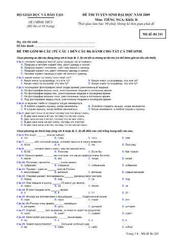 Đề thi tuyển sinh Đại học, Cao đẳng môn Tiếng Nga - Khối D - Mã đề: 241 - Năm học 2009 (Có đáp án)