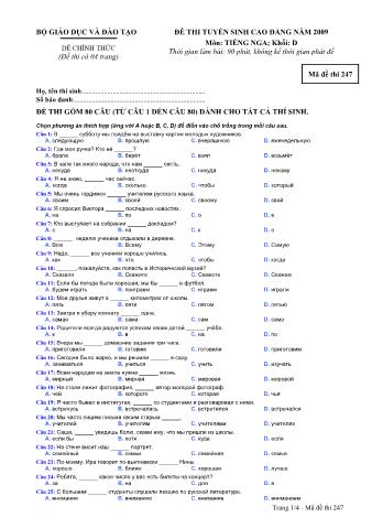 Đề thi tuyển sinh Đại học, Cao đẳng môn Tiếng Nga - Khối D - Mã đề: 247 - Năm học 2009 (Có đáp án)