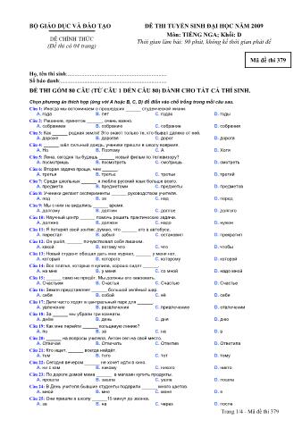 Đề thi tuyển sinh Đại học, Cao đẳng môn Tiếng Nga - Khối D - Mã đề: 379 - Năm học 2009 (Có đáp án)