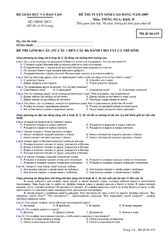 Đề thi tuyển sinh Đại học, Cao đẳng môn Tiếng Nga - Khối D - Mã đề: 619 - Năm học 2009 (Có đáp án)