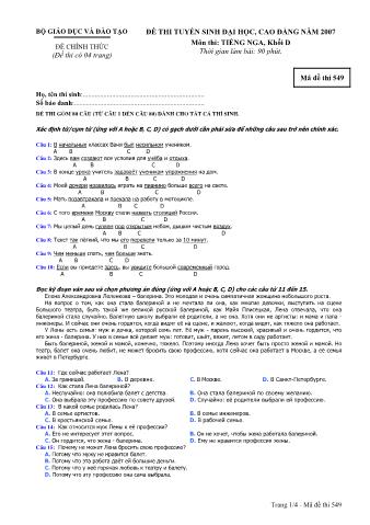 Đề thi tuyển sinh Đại học, Cao đẳng môn Tiếng Nga - Khối D - Mã đề: 549 - Năm học 2007 (Có đáp án)