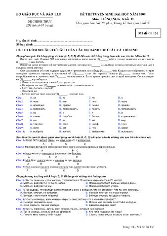 Đề thi tuyển sinh Đại học, Cao đẳng môn Tiếng Nga - Khối D - Mã đề: 136 - Năm học 2009 (Có đáp án)